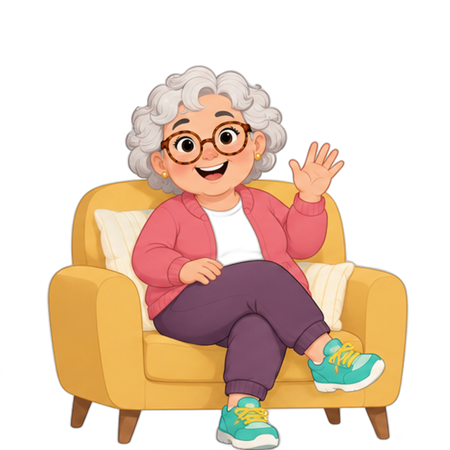 Rosie, a smiling grandmother in a pink cardigan, waving from a yellow armchair